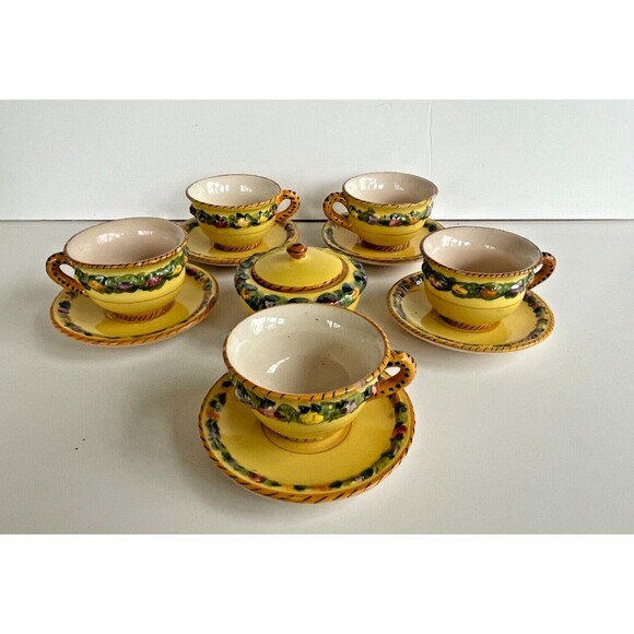 Vtg BITOSSI Italy Della Robbia Coffee Set Cups Saucers Sugar Hand Painted Yellow - Picture 11 of 16